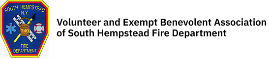 Patch logo of the South Hempstead N.Y. Fire Department with firefighting symbols next to text: "Volunteer and Exempt Benevolent Association of South Hempstead Fire Department".