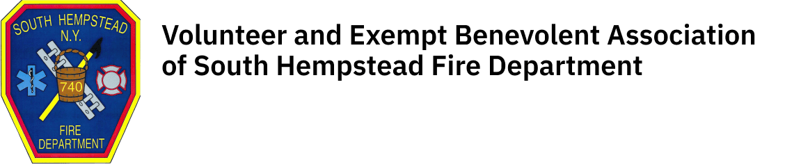 Patch logo of South Hempstead N.Y. Fire Department with axes, hydrant, ladder, and numbers "740" accompanied by text: "Volunteer and Exempt Benevolent Association of South Hempstead Fire Department.